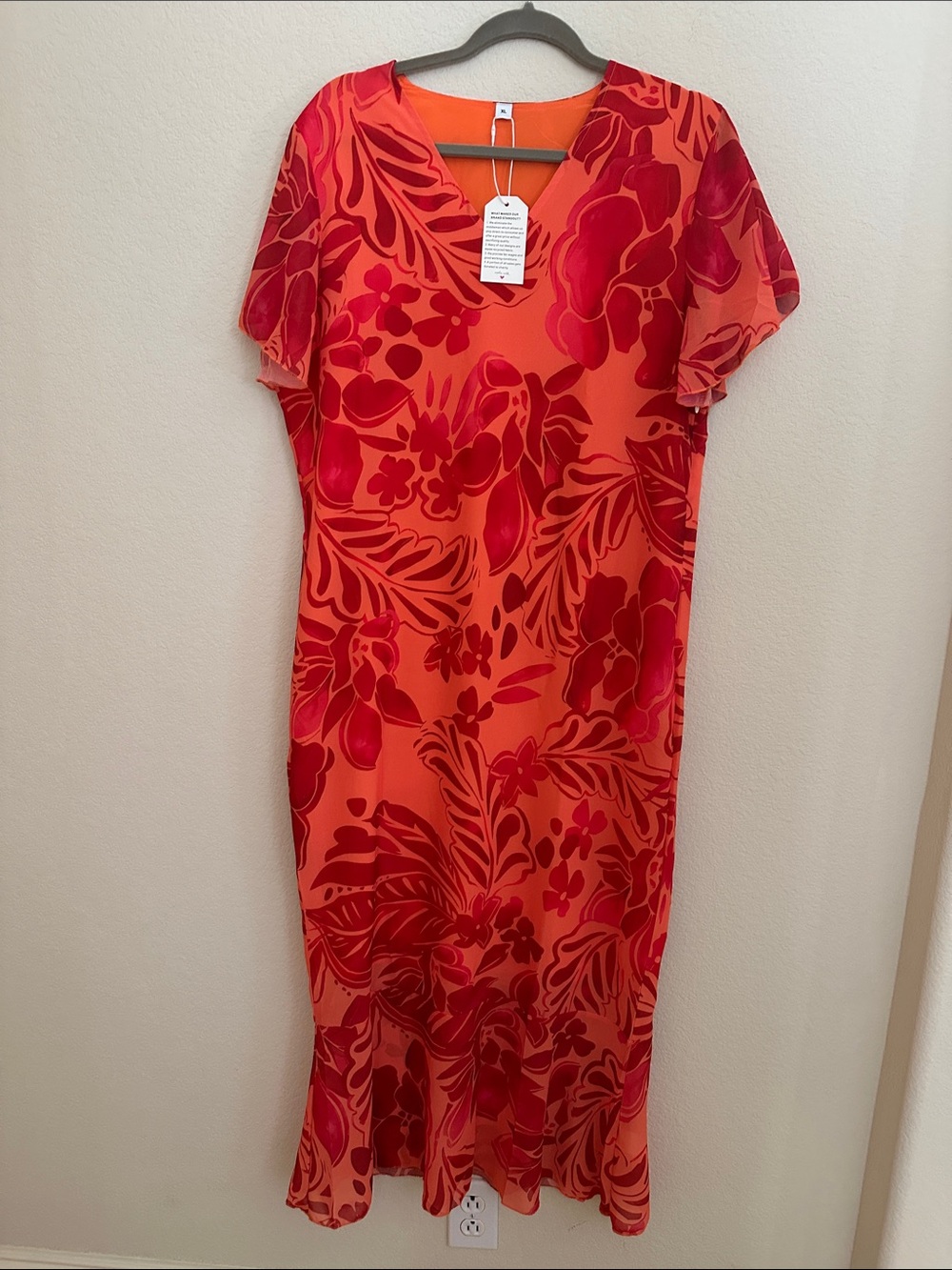 Women's Midi Dress in Orange with Red Floral Print